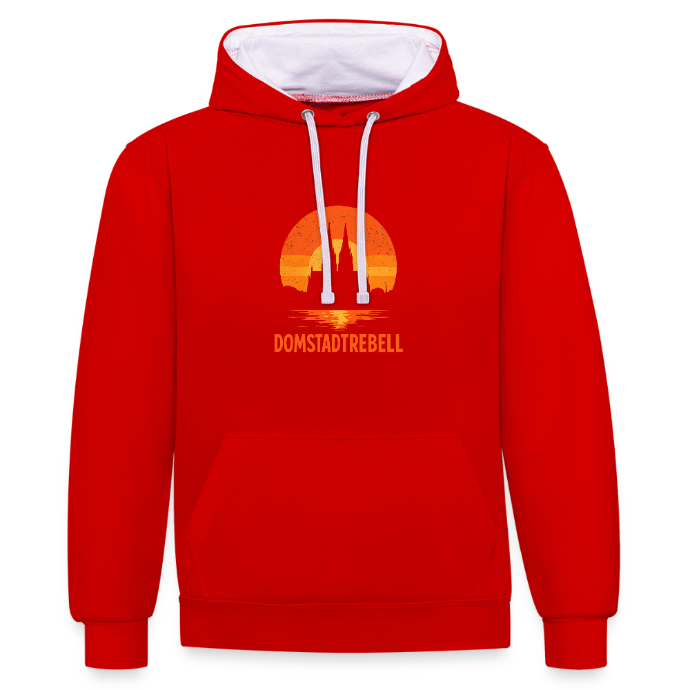 Domstadtrebell – Sunset Horizon Edition | Vintage Köln Kontrast-Hoodie | Kölner Dom im Sonnenuntergang - Rot/Weiß
