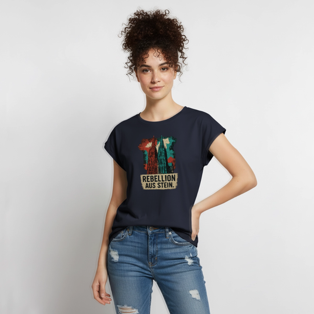 Domstadtrebell - Rebellion aus Stein - Frauen T-Shirt mit gerollten Ärmeln - Navy