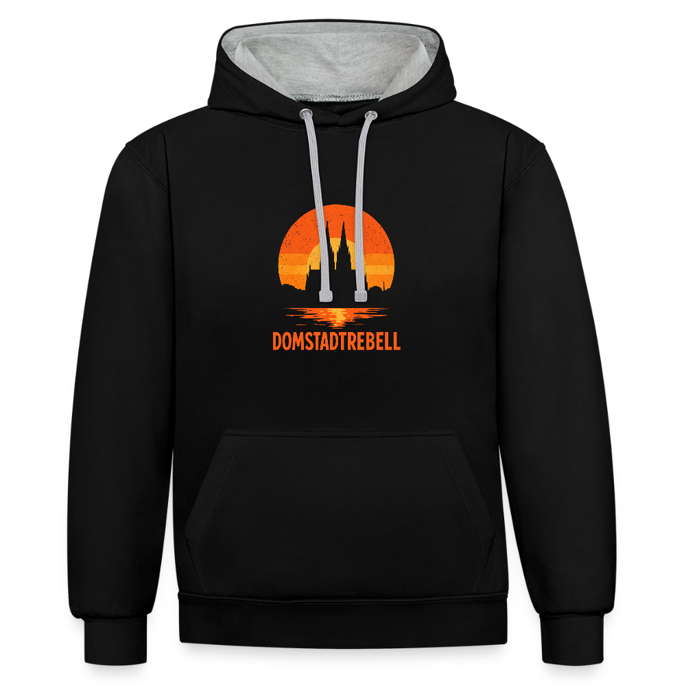 Domstadtrebell – Sunset Horizon Edition | Vintage Köln Kontrast-Hoodie | Kölner Dom im Sonnenuntergang - Schwarz/Grau meliert