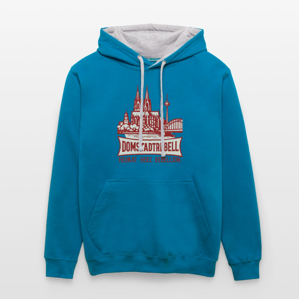 Domstadtrebell Kontrast-Hoodie "Heimat.Herz.Rebellion" - Pfauenblau/Grau meliert