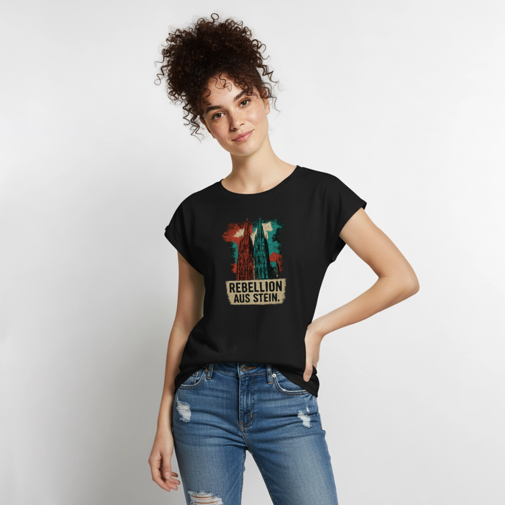 Domstadtrebell - Rebellion aus Stein - Frauen T-Shirt mit gerollten Ärmeln - Schwarz