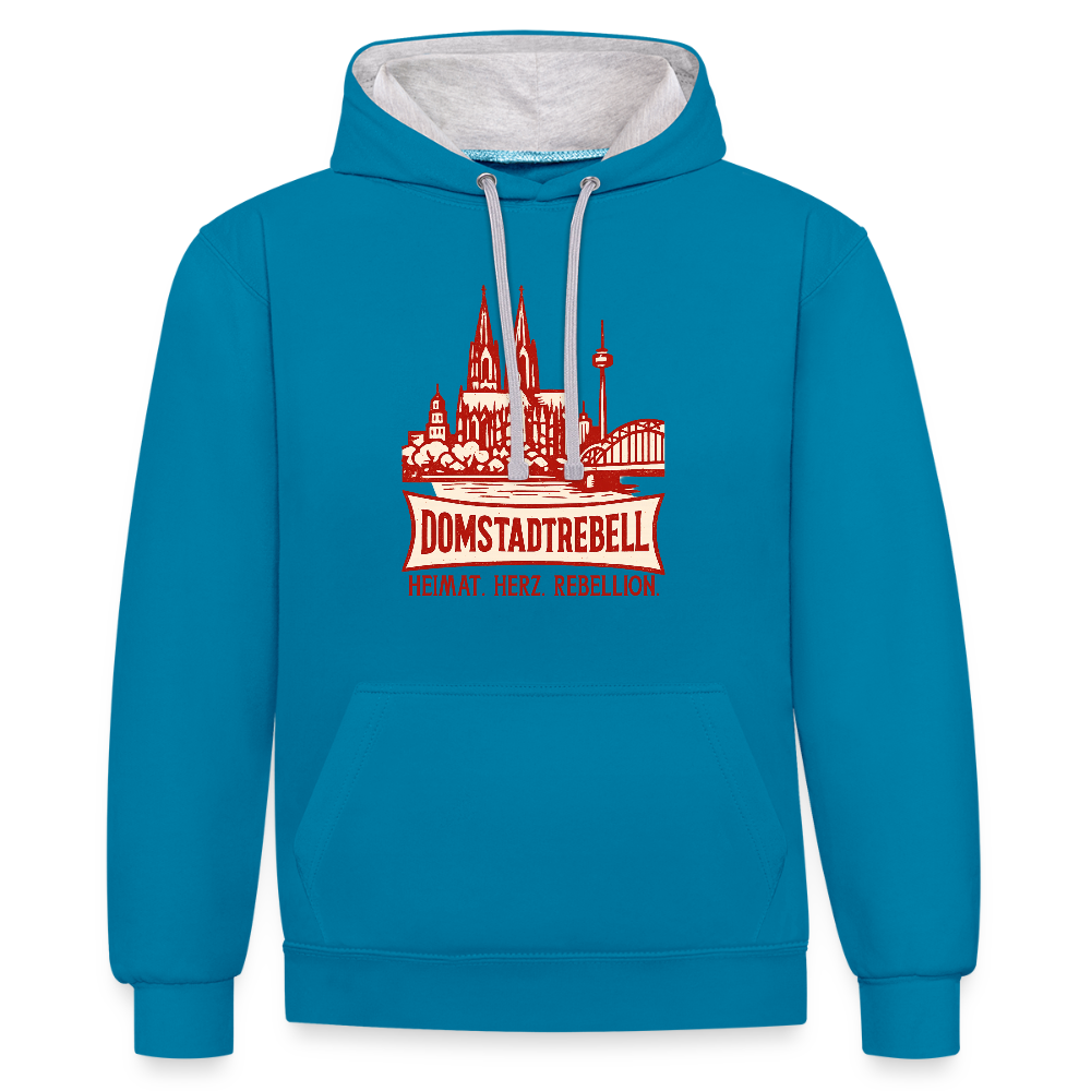 Domstadtrebell Kontrast-Hoodie "Heimat.Herz.Rebellion" - Pfauenblau/Grau meliert