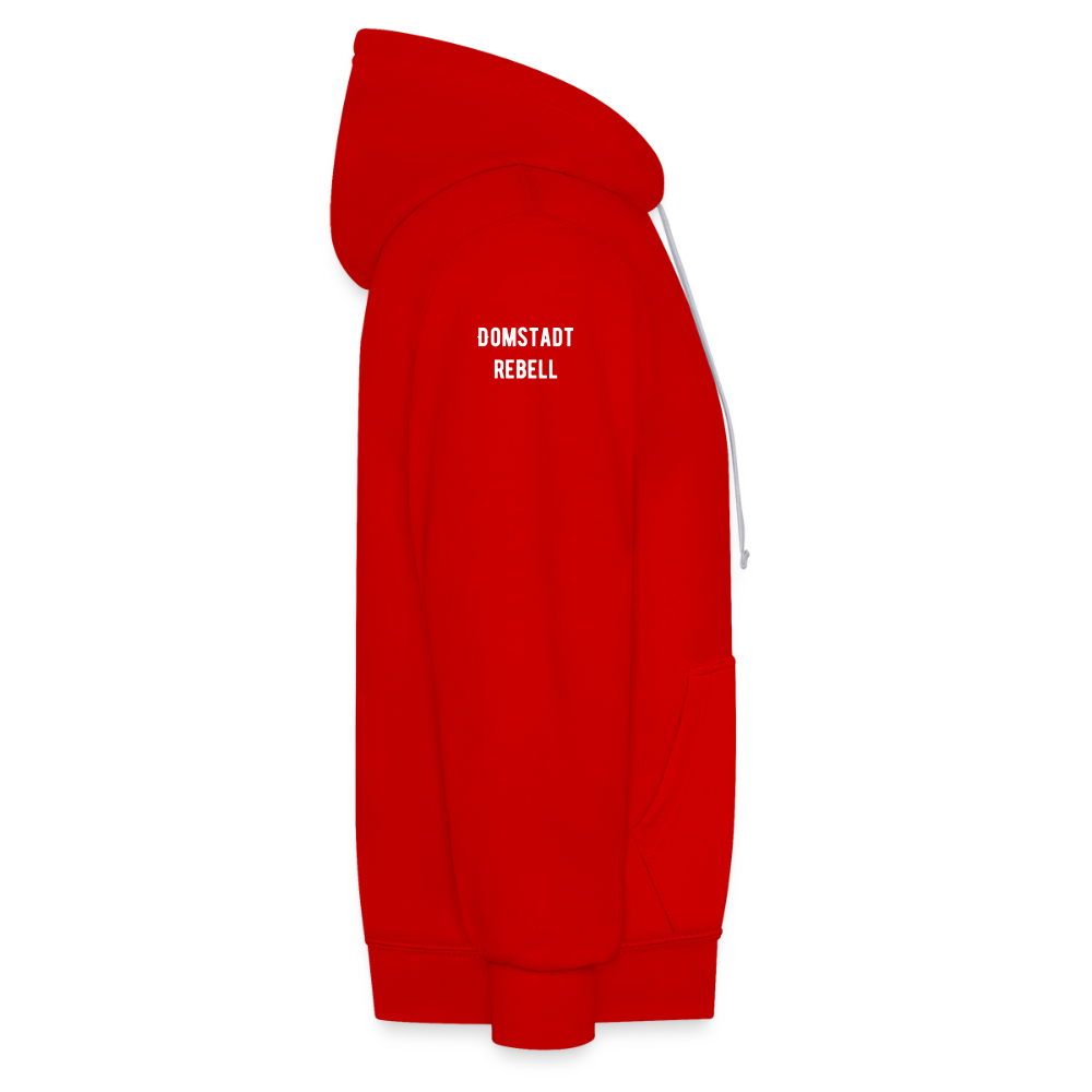 Domstadtrebell – Sunset Horizon Edition | Vintage Köln Kontrast-Hoodie | Kölner Dom im Sonnenuntergang - Rot/Weiß