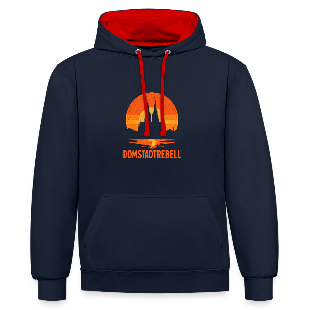 Domstadtrebell – Sunset Horizon Edition | Vintage Köln Kontrast-Hoodie | Kölner Dom im Sonnenuntergang - Navy/Rot