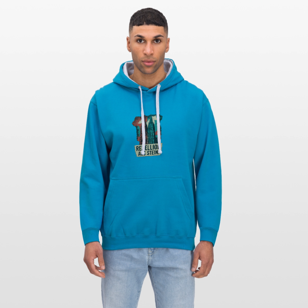 Domstadtrebell Kontrast-Hoodie "Rebellion aus Stein" - Pfauenblau/Grau meliert