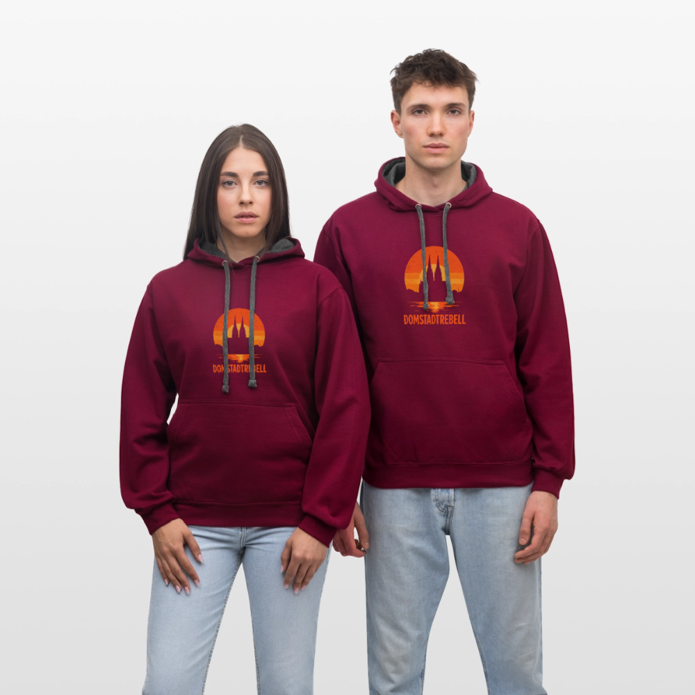 Domstadtrebell – Sunset Horizon Edition | Vintage Köln Kontrast-Hoodie | Kölner Dom im Sonnenuntergang - Weinrot/Anthrazit