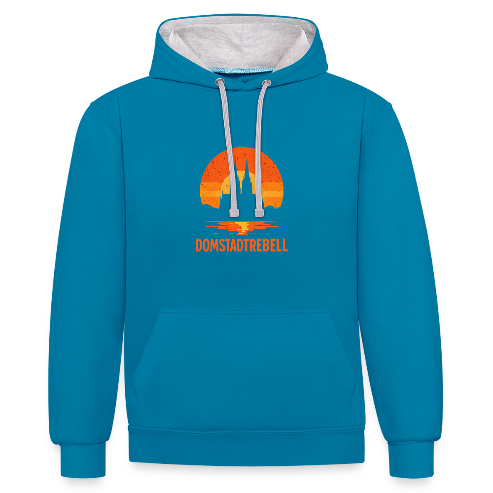 Domstadtrebell – Sunset Horizon Edition | Vintage Köln Kontrast-Hoodie | Kölner Dom im Sonnenuntergang - Pfauenblau/Grau meliert