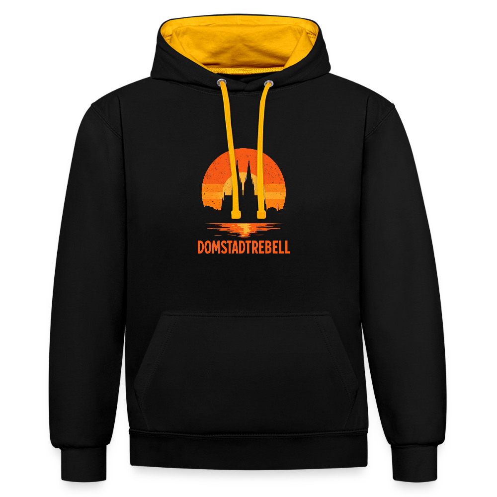 Domstadtrebell – Sunset Horizon Edition | Vintage Köln Kontrast-Hoodie | Kölner Dom im Sonnenuntergang - Schwarz/Gold