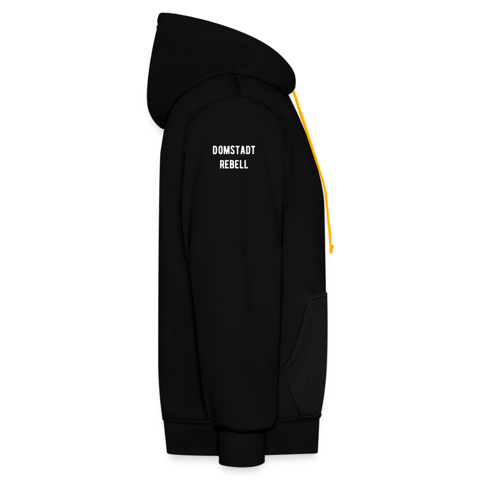 Domstadtrebell – Sunset Horizon Edition | Vintage Köln Kontrast-Hoodie | Kölner Dom im Sonnenuntergang - Schwarz/Gold