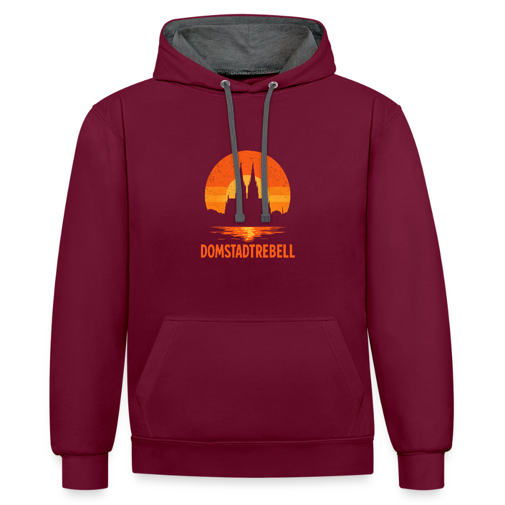 Domstadtrebell – Sunset Horizon Edition | Vintage Köln Kontrast-Hoodie | Kölner Dom im Sonnenuntergang - Weinrot/Anthrazit
