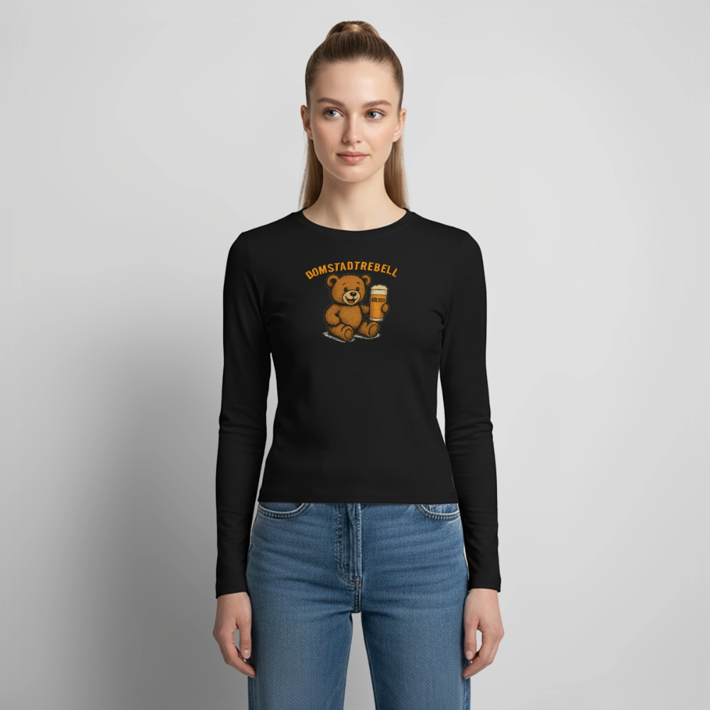 Domstadtrebell Kölschbär  - Frauen Slim Fit Langarmshirt - Schwarz