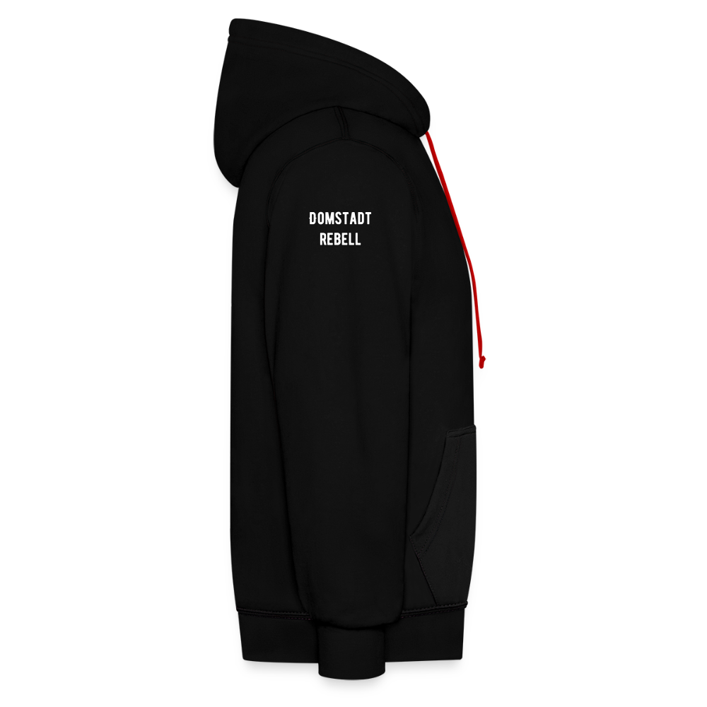 Domstadtrebell – Sunset Horizon Edition | Vintage Köln Kontrast-Hoodie | Kölner Dom im Sonnenuntergang - Schwarz/Rot