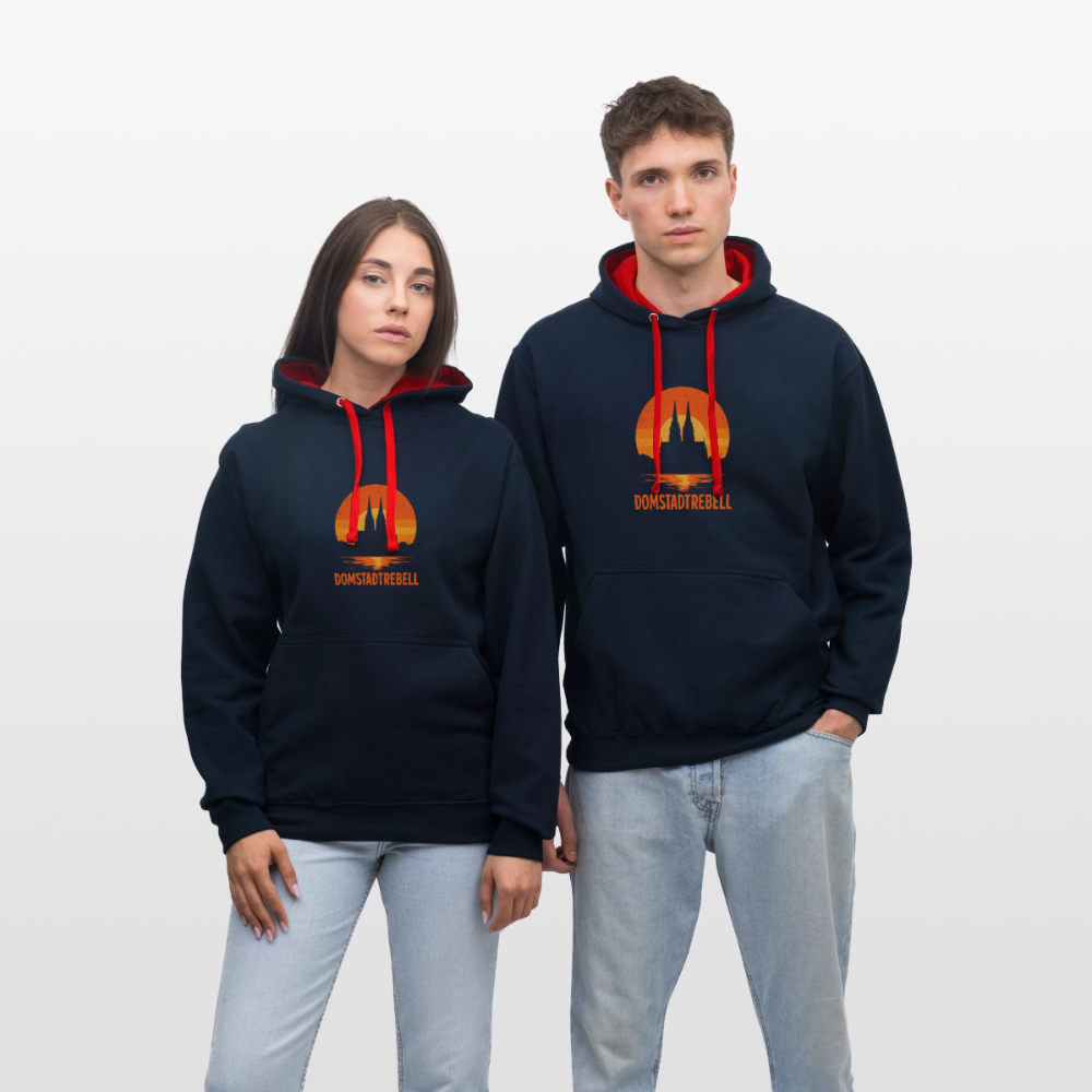 Domstadtrebell – Sunset Horizon Edition | Vintage Köln Kontrast-Hoodie | Kölner Dom im Sonnenuntergang - Navy/Rot