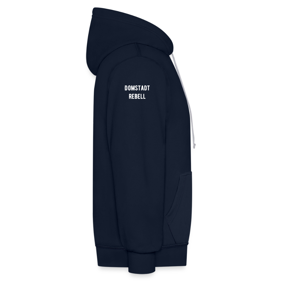 Domstadtrebell – Sunset Horizon Edition | Vintage Köln Kontrast-Hoodie | Kölner Dom im Sonnenuntergang - Navy/Grau meliert