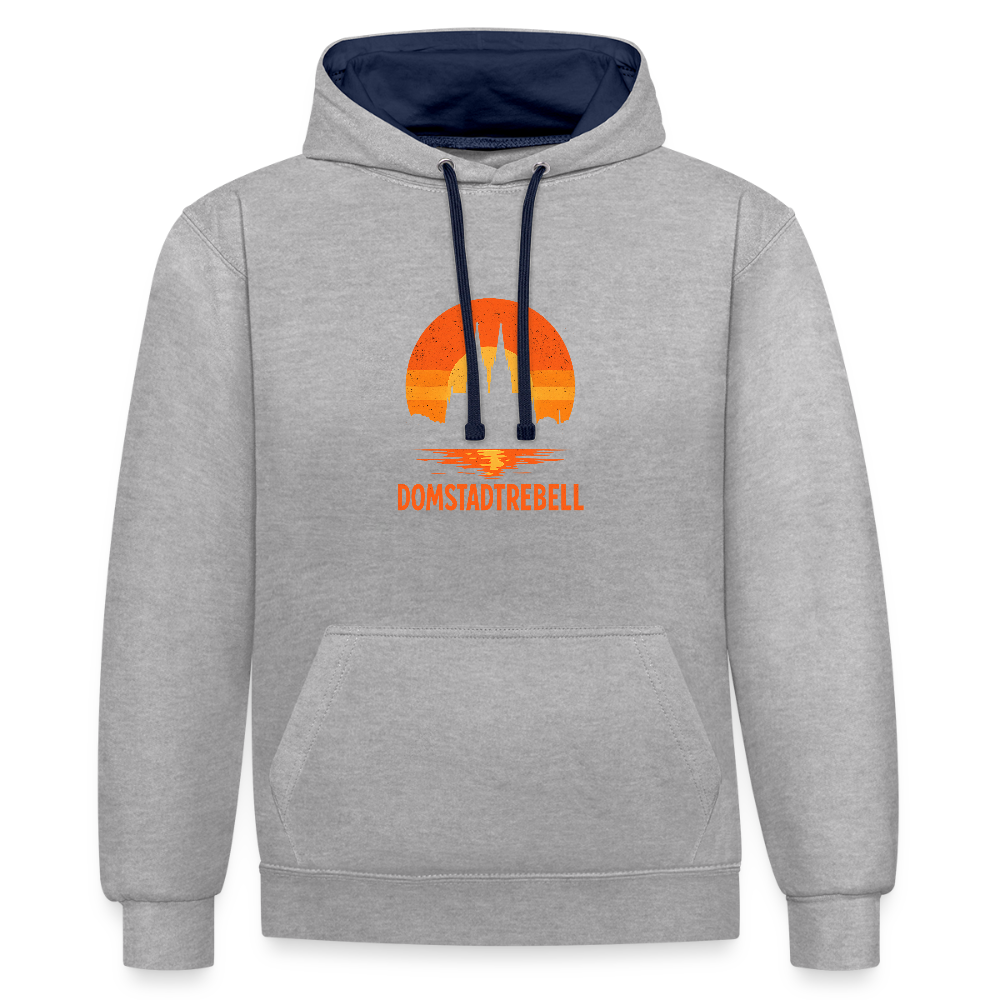 Domstadtrebell – Sunset Horizon Edition | Vintage Köln Kontrast-Hoodie | Kölner Dom im Sonnenuntergang - Grau meliert/Navy