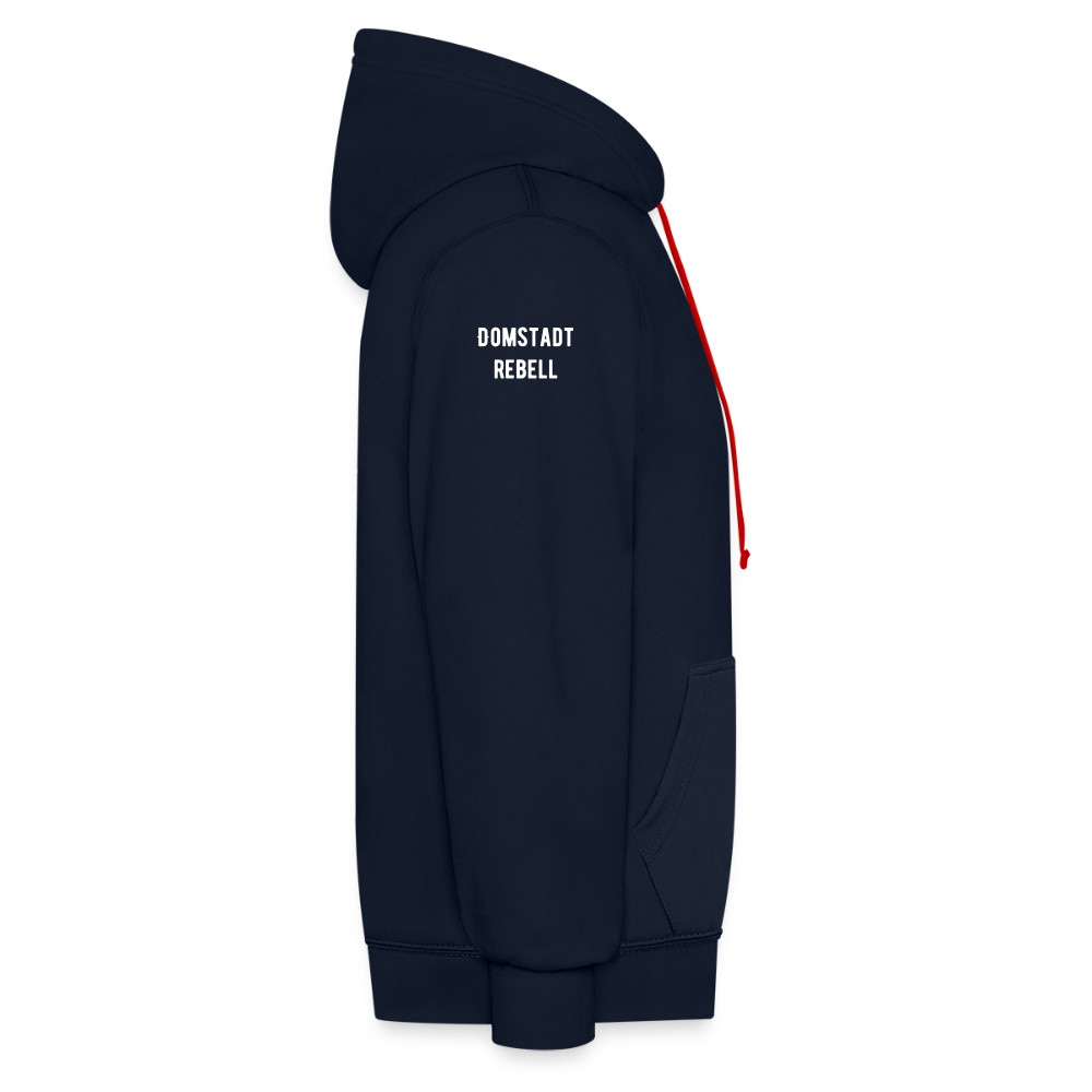 Domstadtrebell – Sunset Horizon Edition | Vintage Köln Kontrast-Hoodie | Kölner Dom im Sonnenuntergang - Navy/Rot